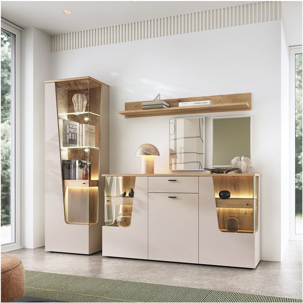 Lomadox Esszimmer-Set CARMONA-129, (Spar-Set, 3-St., Sideboard Vitrine Wandregal), in kaschmir und Eiche, inkl. LED-Beleuchtung