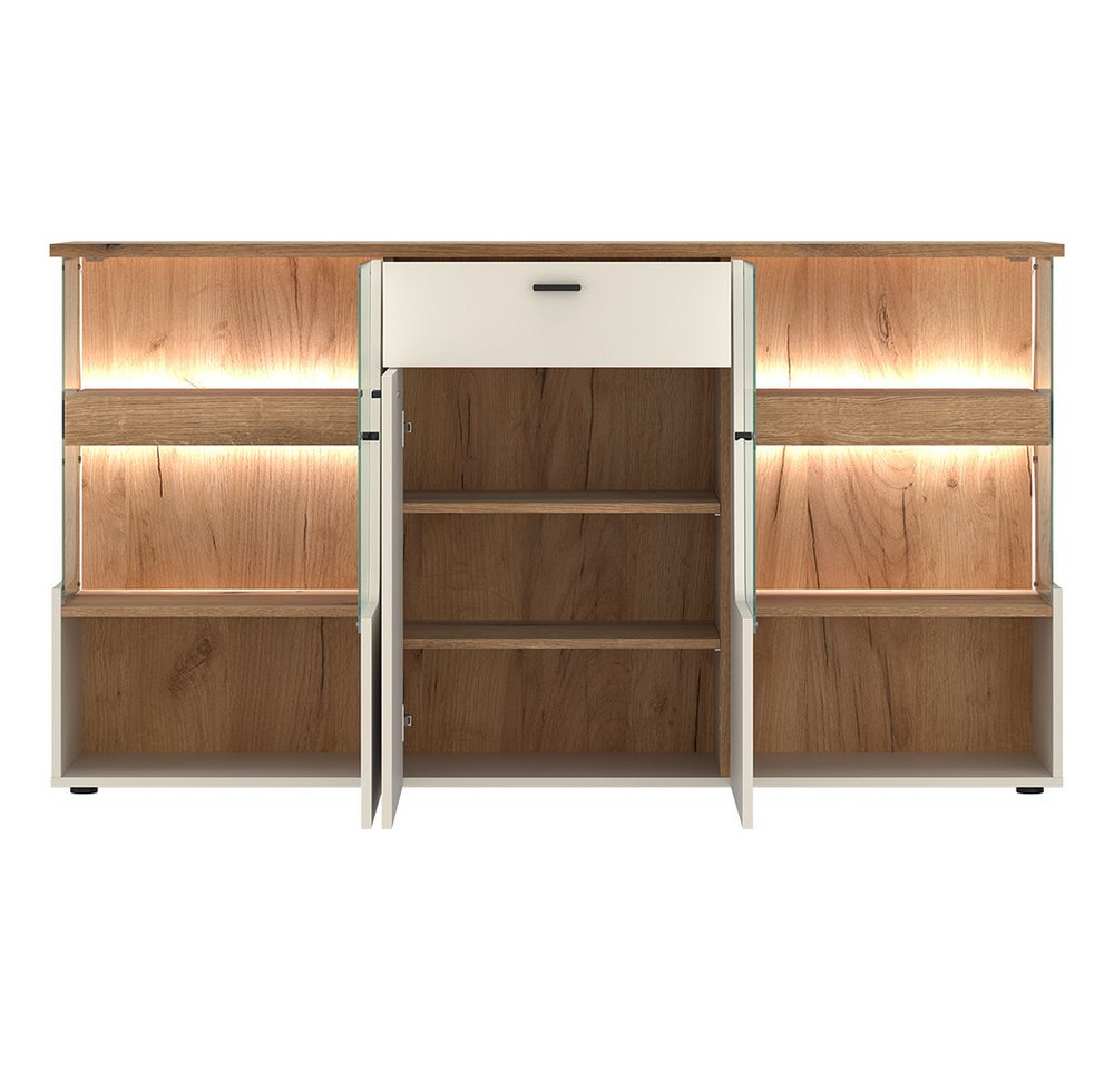 Lomadox Esszimmer-Set CARMONA-129, (Spar-Set, 3-St., Sideboard Vitrine Wandregal), in kaschmir und Eiche, inkl. LED-Beleuchtung – Bild 4 von 5