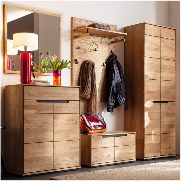 Lomadox Garderoben-Set AVESTA-06, (Spar-Set, 5-St., Garderobenbank Paneel Garderobenschrank Spiegel Schuhschrank), in Eiche teilmassiv, grifflos