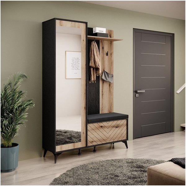 Lomadox Garderoben-Set DALE-160, (Spar-Set, 2-St), Flurmöbel Flurschrank Garderobenbank schwarz mit Eiche 134x197x39 cm