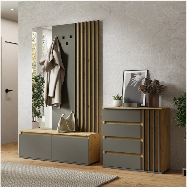 Lomadox Garderoben-Set DAVIS-166, (Spar-Set, 2-St., Kommode Garderoben Kombination), Eiche graphit Lamellen-Design grifflos modern