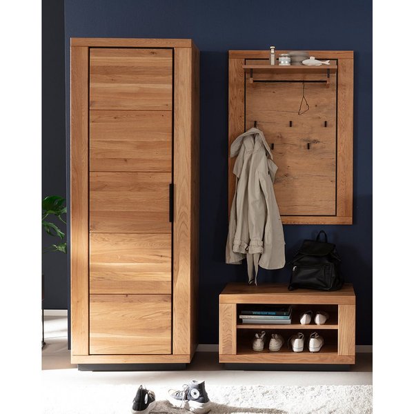 Lomadox Garderoben-Set GIUSTINO-06, (Spar-Set, 3-St., Garderobenbank Garderobenpaneel Garderobenschrank), in Wildeiche teilmassiv, geölt, schwarze Metallgriffe