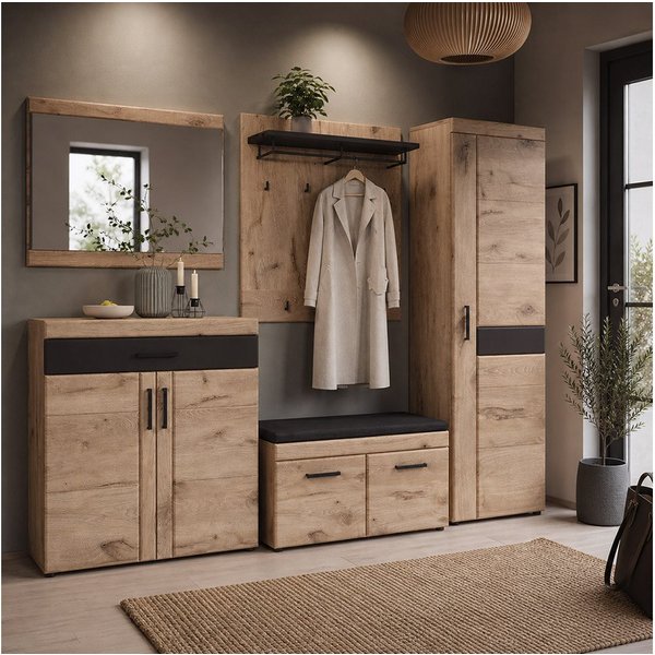 Lomadox Garderoben-Set GRAHAM-129, (Spar-Set, 5-St., Garderobenbank Flurschrank Kommode Spiegel Garderobenpaneel), Eiche Dekor mit Grau Softclose Kleiderstangen