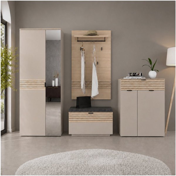 Lomadox Garderoben-Set ISCHIA-36, (Spar-Set, 4-St., Schrank Garderobenpaneel Schuhbank Schuhkommode), in Beige mit Eiche, Lamellenoptik