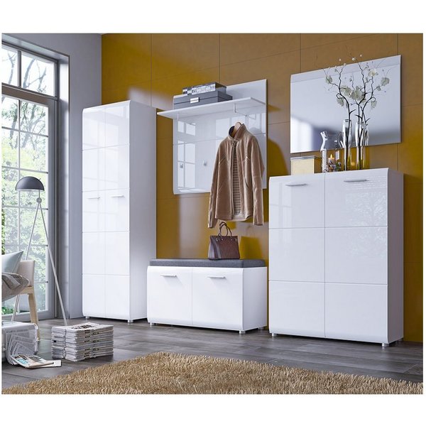 Lomadox Garderoben-Set MALABO-129, (Spar-Set, 5-St), mit Spiegel und Schuhbank in weiß Hochglanz