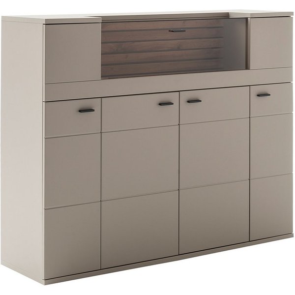 Lomadox Highboard LIEZEN-05, Grau mit Rückwand in Eiche, Breite 100 cm, Glaselement, montiert