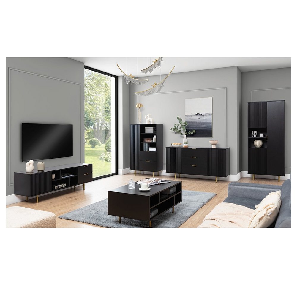 Lomadox Highboard NADOR-132, in matt schwarz, goldfarbene Metallgriffe und -füße – Bild 3 von 5