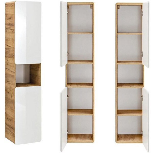 Lomadox Hochschrank LUTON-56 Badmöbel, Wotan Eiche Nb. Nb. Hochglanz weiß, B/H/T 35/170/32 cm