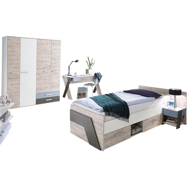 Lomadox Jugendzimmer-Set LEEDS-10, (Sparset, 4-tlg), Sandeiche Nb. mit weiß Lava und Denim Blau