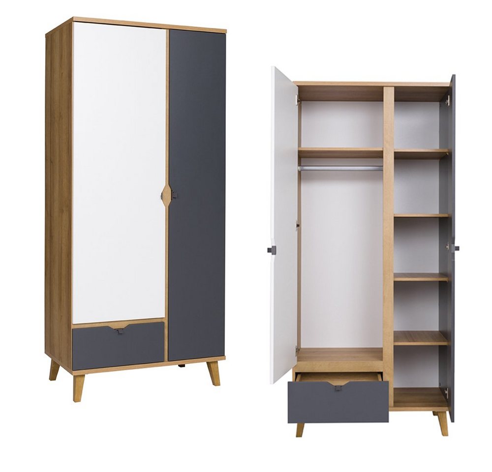 Lomadox Jugendzimmer-Set MARIBOR-132, (Sparset, 4-tlg), Kleiderschrank Schreibtisch Wandboard Kommode Eiche weiß graphit – Bild 2 von 5