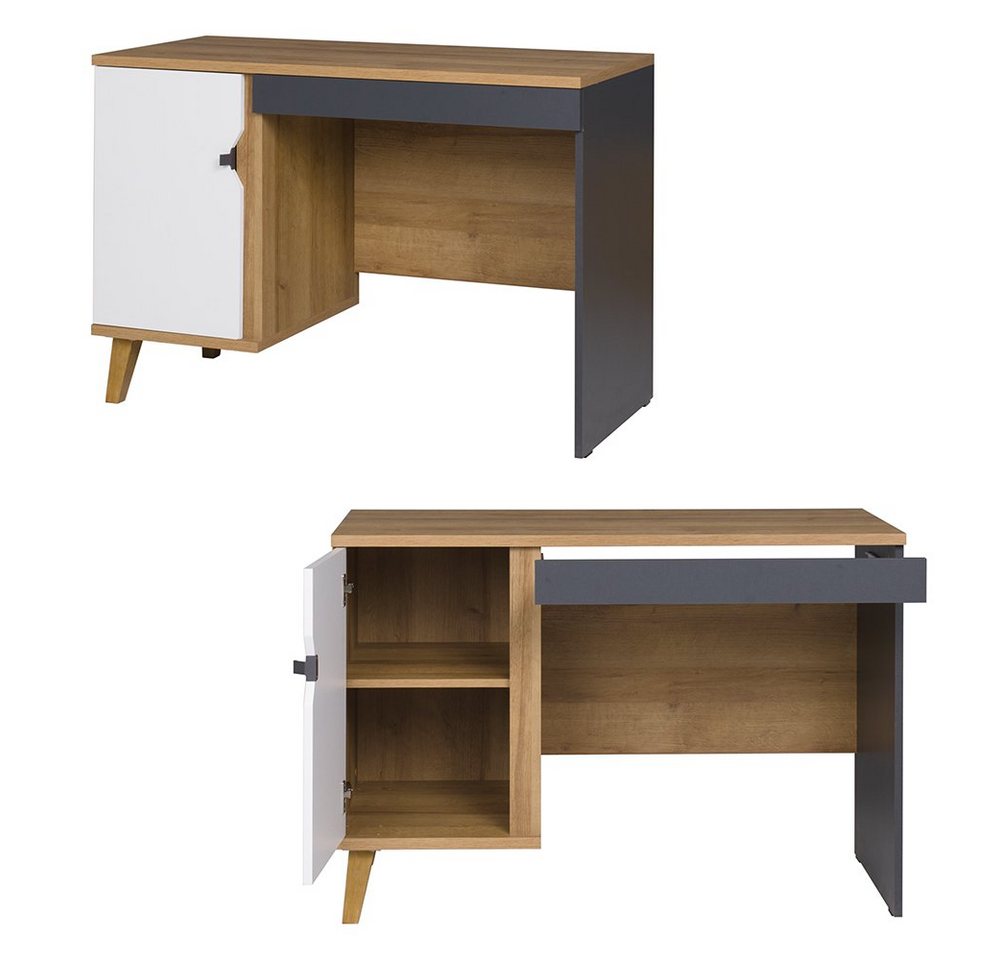 Lomadox Jugendzimmer-Set MARIBOR-132, (Sparset, 4-tlg), Kleiderschrank Schreibtisch Wandboard Kommode Eiche weiß graphit – Bild 3 von 5