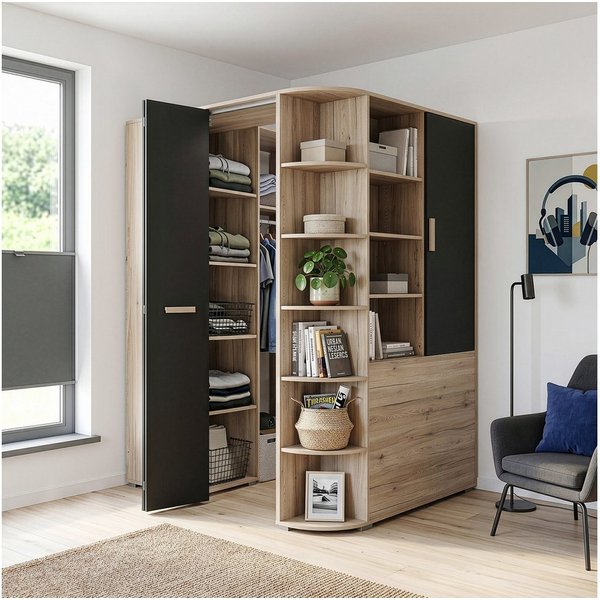Lomadox Kleiderschrank CANTON-43 Eiche Nb. mit graphit, gespiegelt aufbaubar