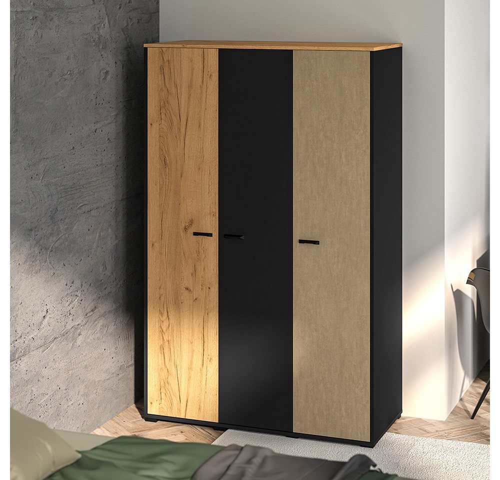 Lomadox Kleiderschrank CASPER-131 schwarz, Eiche, sandfarben, 2 Kleiderstangen, ca. 120/190/55cm – Bild 4 von 5