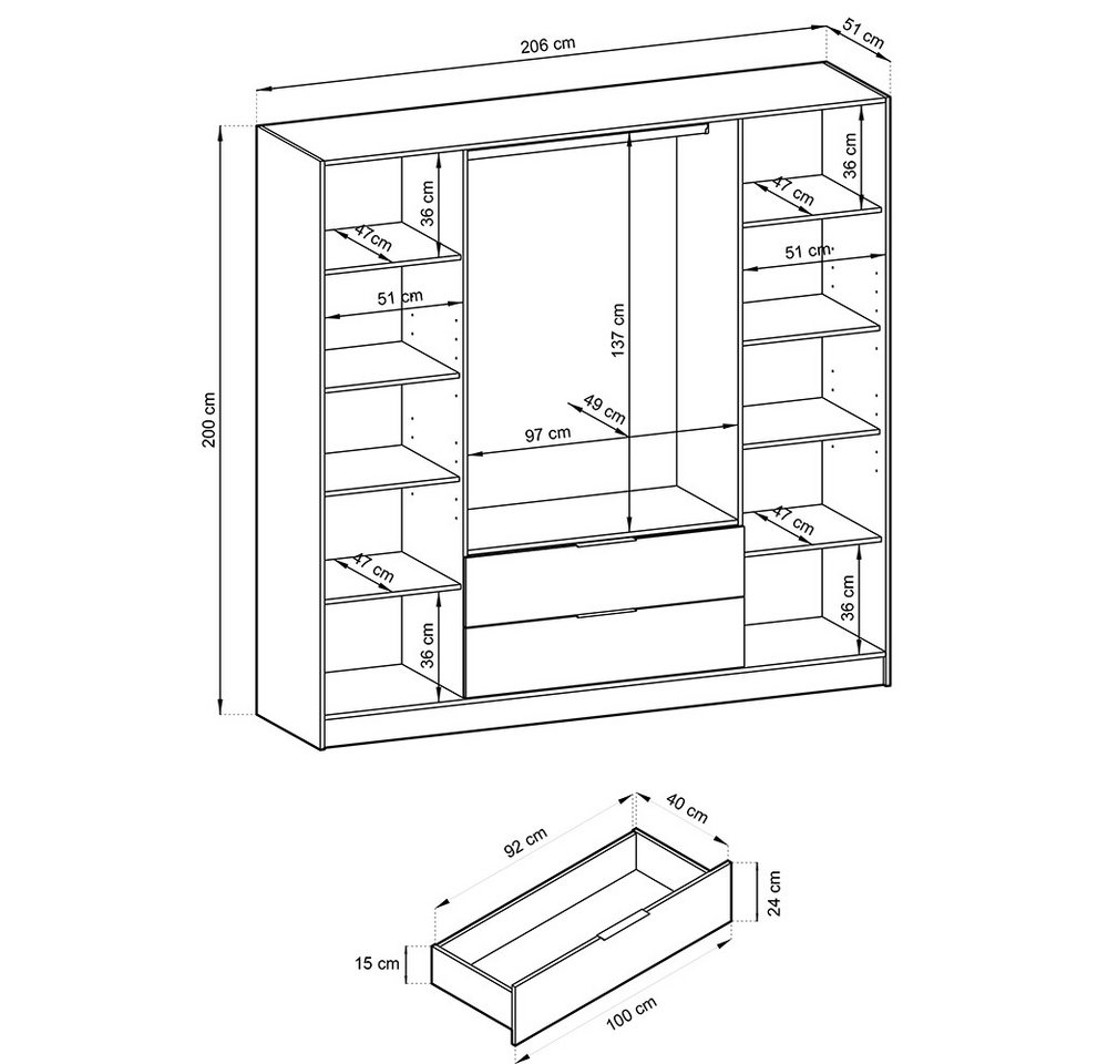 Lomadox Kleiderschrank KNOCK-160 in graphit, 4 Türen, 2 Schubkästen, 206 cm breit – Bild 5 von 5