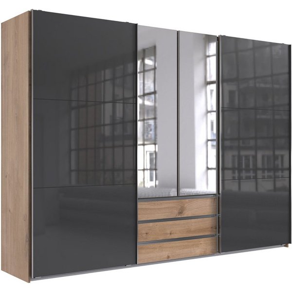 Lomadox Kleiderschrank MIDLAND-43 in Eiche mit grau Schwebetüren Spiegeltüren Schubladen 300x216x65 cm
