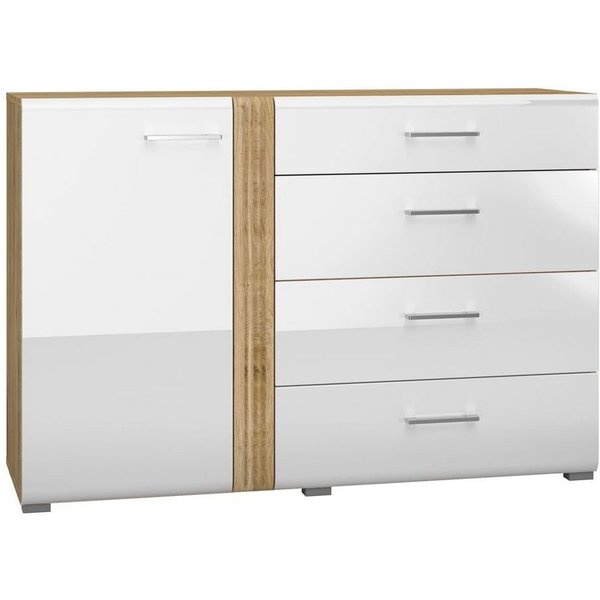 Lomadox Kommode AKRON-131, Sideboard in Eiche Nb. mit weiß Hochglanz, B/H/T: 134/90/42 cm