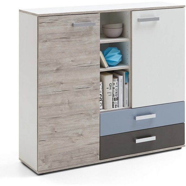 Lomadox Kommode LEEDS-10, Sandeiche Nb./weiß/Lava/Denim 116,9x105x33 cm