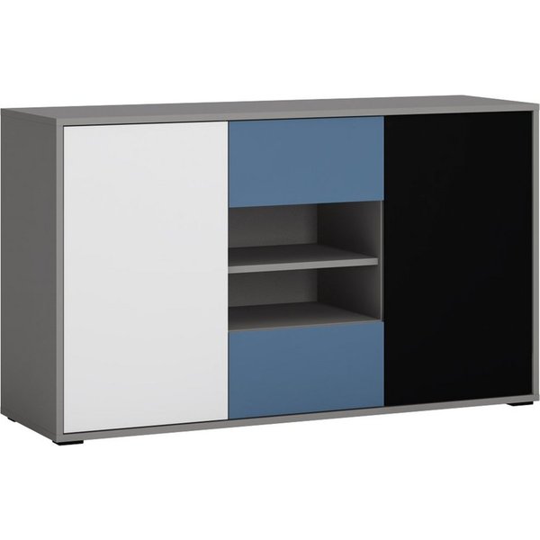 Lomadox Kommode LIIVA-129, Grau Platin, Perlschwarz, Alpinweiß, Himmelblau, 3 Schubkästen