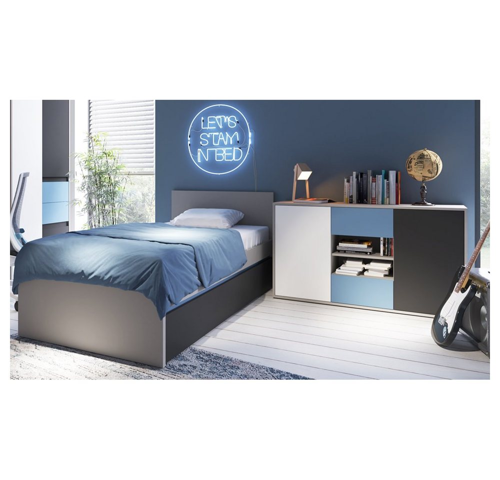 Lomadox Kommode LIIVA-129, Grau Platin, Perlschwarz, Alpinweiß, Himmelblau, 3 Schubkästen – Bild 4 von 4