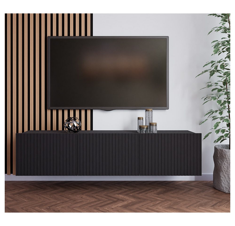 Lomadox Lowboard KEMPTEN-132, in schwarz matt, Rillenfront, 2-türig, 150 cm breit, Softclose – Bild 3 von 5