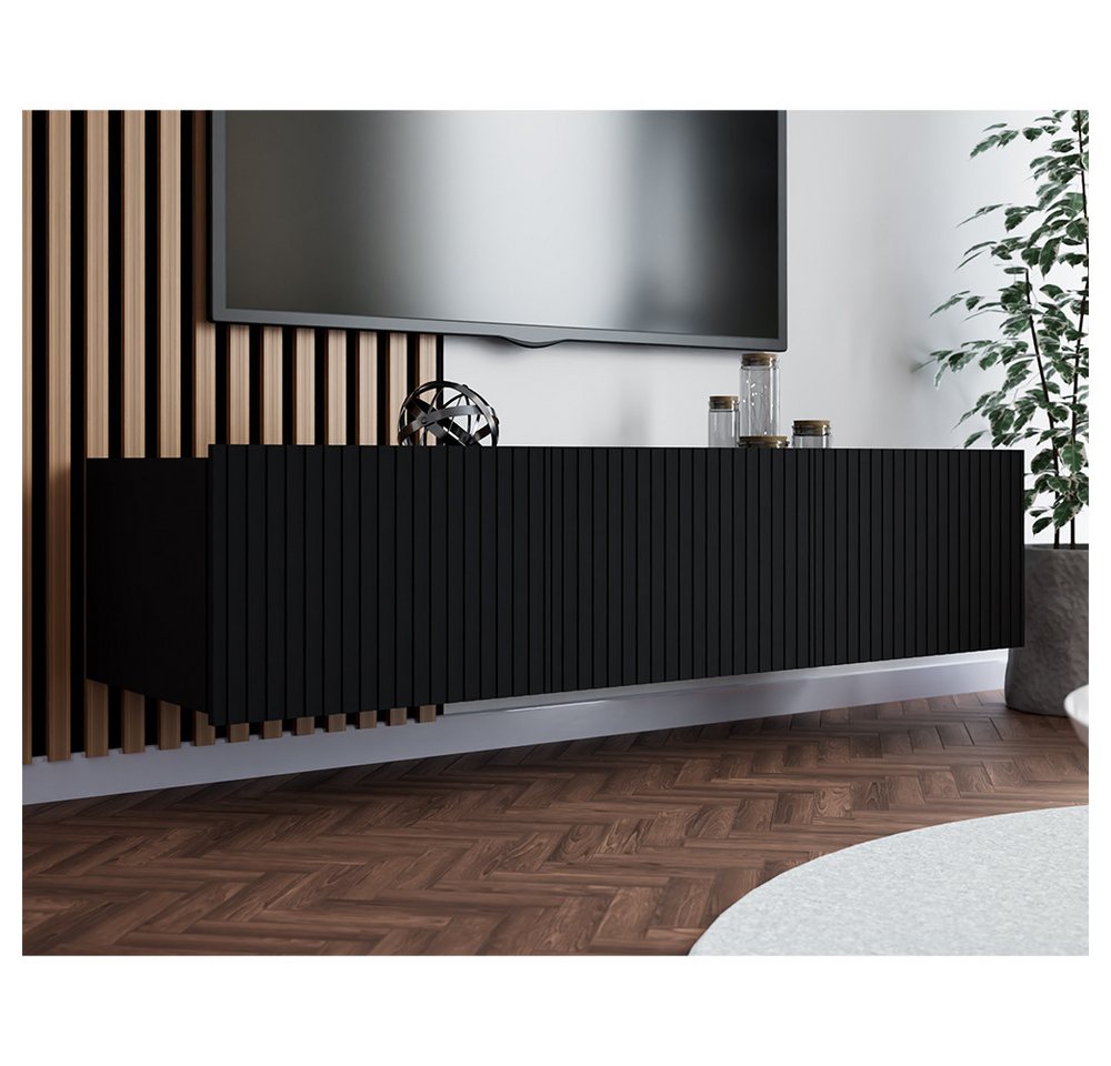 Lomadox Lowboard KEMPTEN-132, in schwarz matt, Rillenfront, 2-türig, 150 cm breit, Softclose – Bild 4 von 5