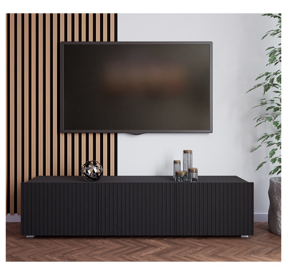 Lomadox Lowboard KEMPTEN-132, in schwarz matt, Rillenfront, 2-türig, 150 cm breit, Softclose – Bild 5 von 5