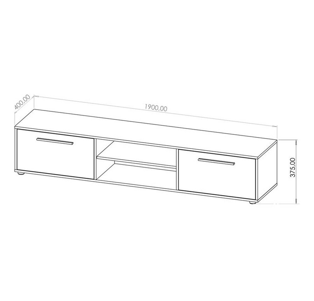Lomadox Lowboard MOLLERUSA-132, 190 cm breit, schwarz matt mit schwarzen Griffen, 2 Fächer, 2 Klappen – Bild 4 von 5