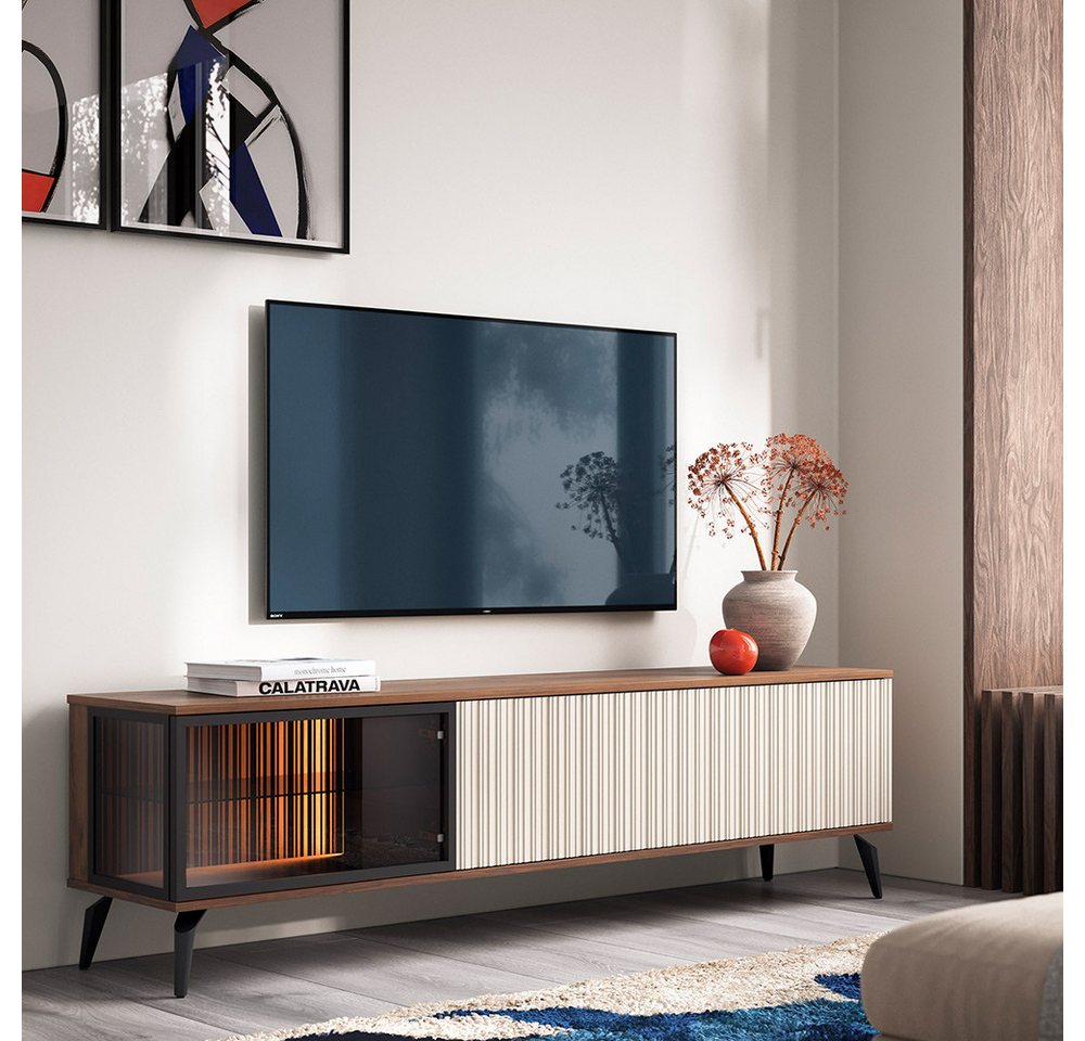 Lomadox Lowboard VIC-160, Eiche Kaschmir Beige Rillen 180 cm Metallfüße Push-to-open grifflos – Bild 4 von 5