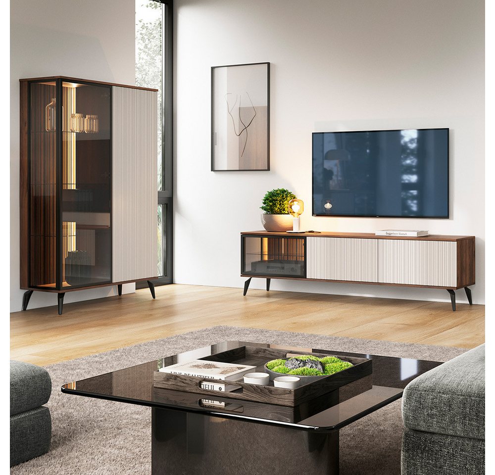 Lomadox Lowboard VIC-160, Eiche Kaschmir Beige Rillen 180 cm Metallfüße Push-to-open grifflos – Bild 5 von 5