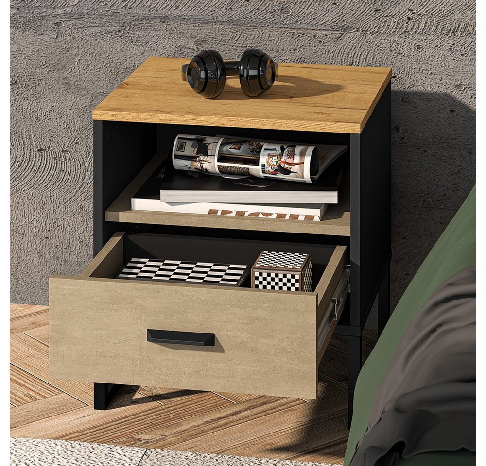 Lomadox Nachttisch CASPER-131, schwarz, Eiche, sandfarben, ca. 45/50/40cm – Bild 5 von 5