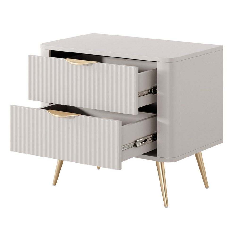 Lomadox Nachttisch LANGON-167, beige mit Rillenfront, 63 cm breit, 2 Schubladen – Bild 2 von 5