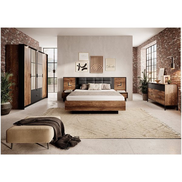Lomadox Schlafzimmer-Set MEZZANA-167, (Spar-Set, 5-tlg., Kleiderschrank Bettgestell Lattenrost Nachttische Kommode), 160x200cm, mit aufklappbarem Lattenrost & B
