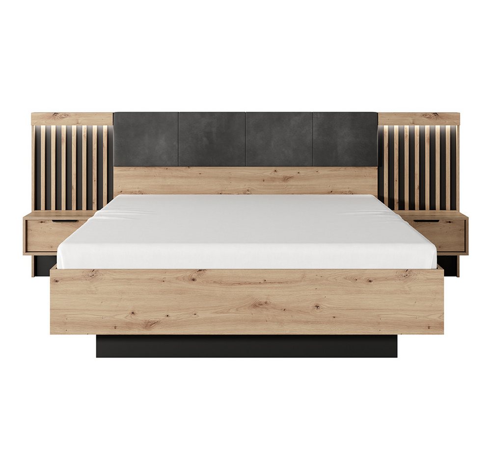 Lomadox Schlafzimmer-Set TALCA-167, (Spar-Set, 5-tlg., Bettgestell Lattenrost aufklappbar Nachtkommoden Kleiderschrank), Eiche Dekor 160x200 cm Kopfteil gepolst – Bild 4 von 5