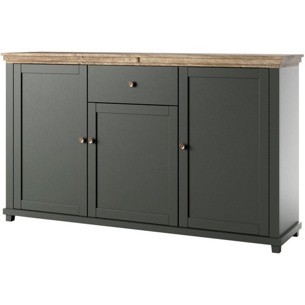 Lomadox Sideboard EPSOM-83, grün mit Lefkas Eiche Nb. Knopfgriffe messingfarben 160/93/42 cm