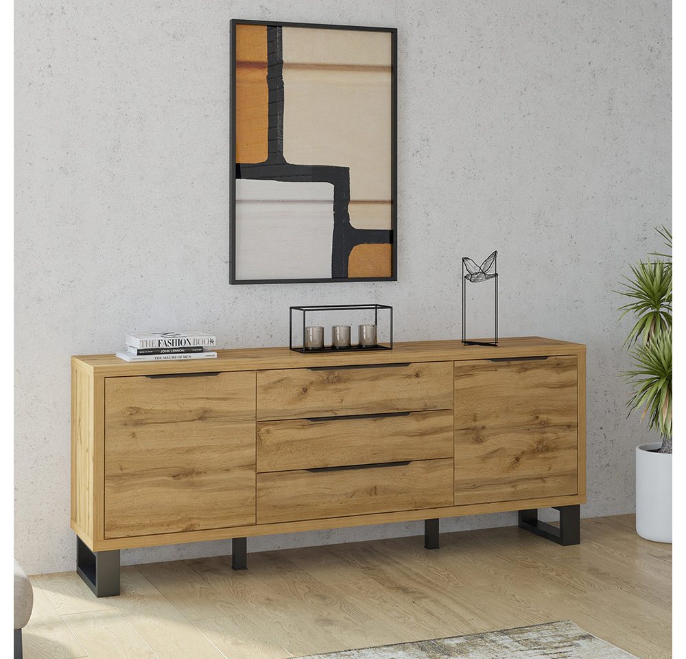 Lomadox Sideboard HENDERSON-83, Wohn-/Esszimmer Sideboard in Wotan Eiche Nb., B/H/T ca. 201/83/45 cm – Bild 2 von 5