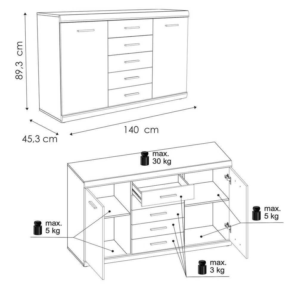 Lomadox Sideboard IMPERIA-129, Kommode Anrichte 140 cm Nussbaum Wohnzimmer braun retro – Bild 4 von 4