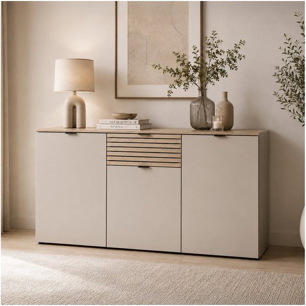 Lomadox Sideboard ISCHIA-36, in Beige mit Eiche, 180 cm breit, Softclose