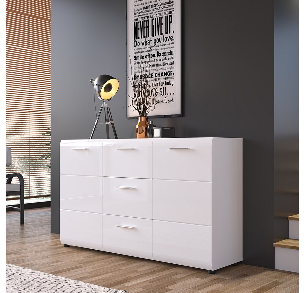 Lomadox Sideboard MALABO-129, Kommode Anrichte 144 cm in weiß Hochglanz – Bild 3 von 4