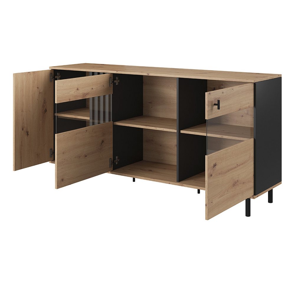 Lomadox Sideboard MATTAWA-167, Kommode, 165 cm, Eiche Dekor, 3 Türen, LED Beleuchtung – Bild 2 von 5