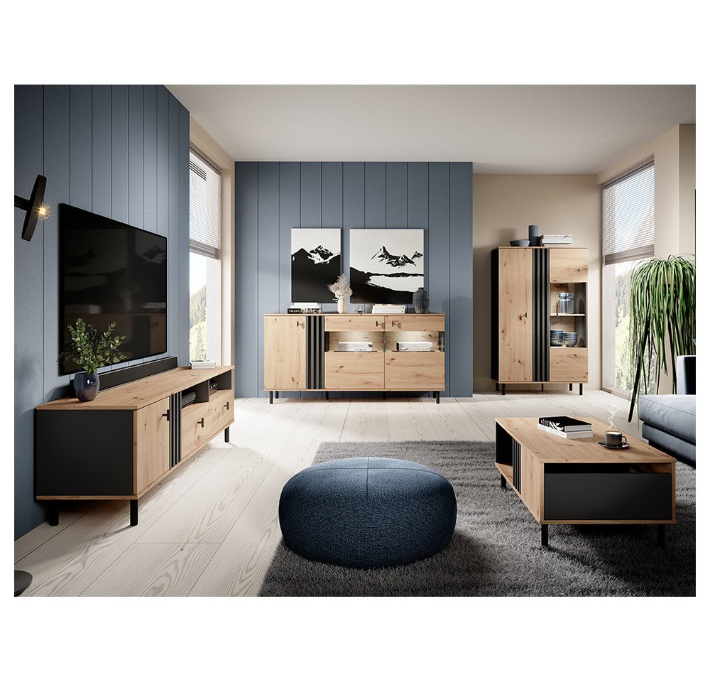 Lomadox Sideboard MATTAWA-167, Kommode, 165 cm, Eiche Dekor, 3 Türen, LED Beleuchtung – Bild 5 von 5