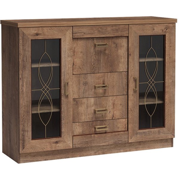 Lomadox Sideboard TEORA-161, in Lefkas Eiche braun Vitrinentüren Klappe Schubladen 140x109,5x44cm