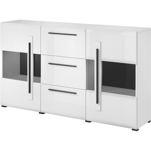 Lomadox Sideboard TURDA-83, weiß Hochglanz modern mit Absetzungen in schwarz 180/103/39 cm