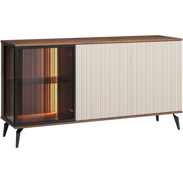 Lomadox Sideboard VIC-160, Eiche Kaschmir Beige 154 cm Metallfüße Push-to-open LED Beleuchtung