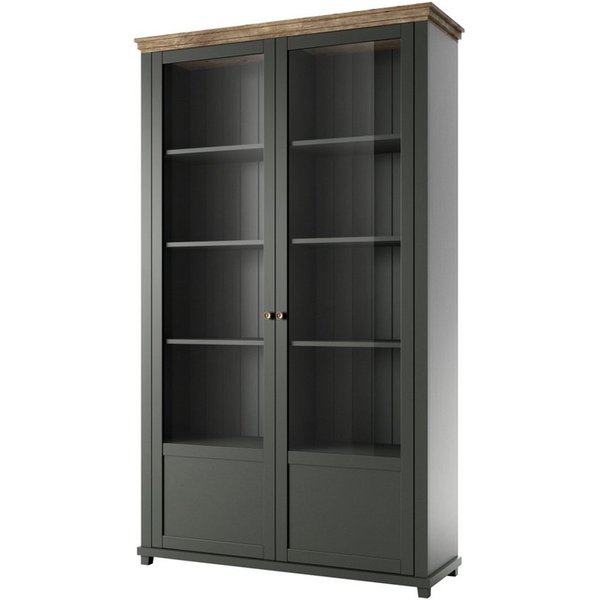 Lomadox Vitrine EPSOM-83 grün Landhaus mit Lefkas Eiche Nb. Knopfgriffe Messing 126/200/42 cm