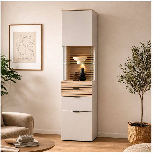 Lomadox Vitrine ISCHIA-36 inkl. LED Beleuchtung, Beige mit Eiche, 45 cm breit, Softclose