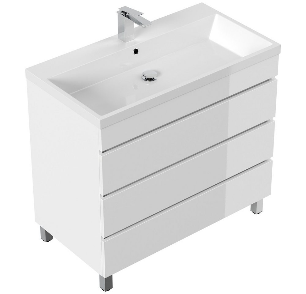 Lomadox Waschtisch FROME-02, 90 cm, stehend, weiß Hochglanz, mit 3 Schubladen – Bild 3 von 5