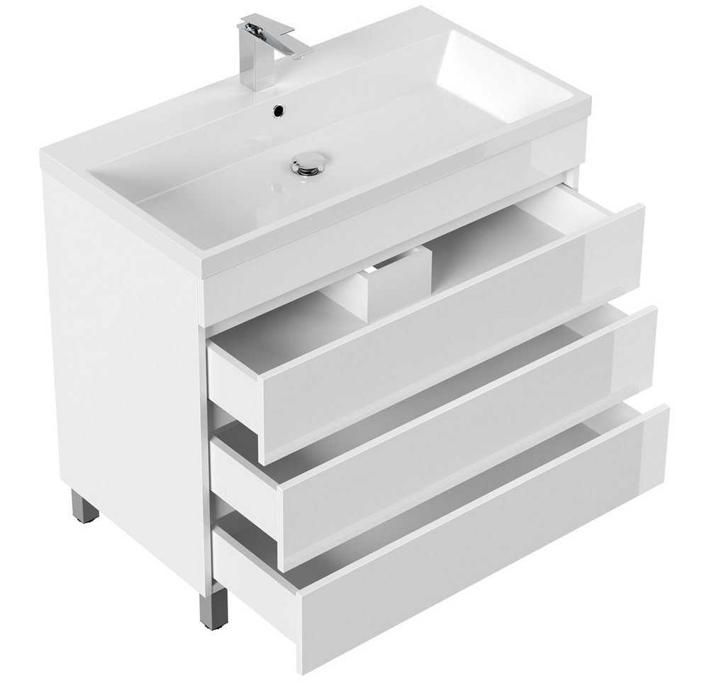 Lomadox Waschtisch FROME-02, 90 cm, stehend, weiß Hochglanz, mit 3 Schubladen – Bild 4 von 5