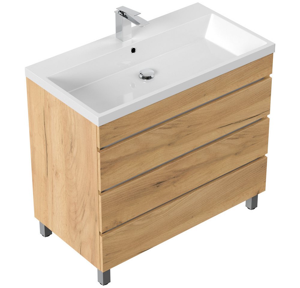 Lomadox Waschtisch FROME-02, 90 cm, stehend, Eiche, mit 3 Schubalden – Bild 3 von 5