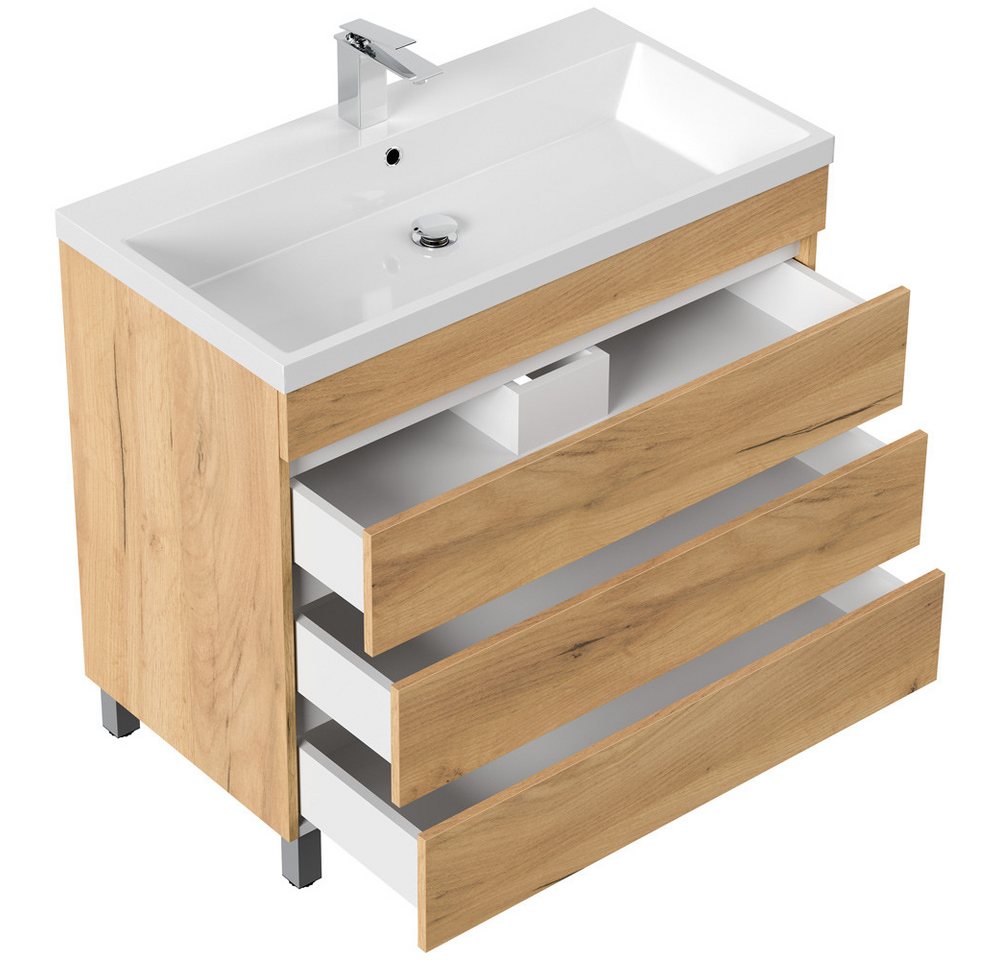 Lomadox Waschtisch FROME-02, 90 cm, stehend, Eiche, mit 3 Schubalden – Bild 4 von 5