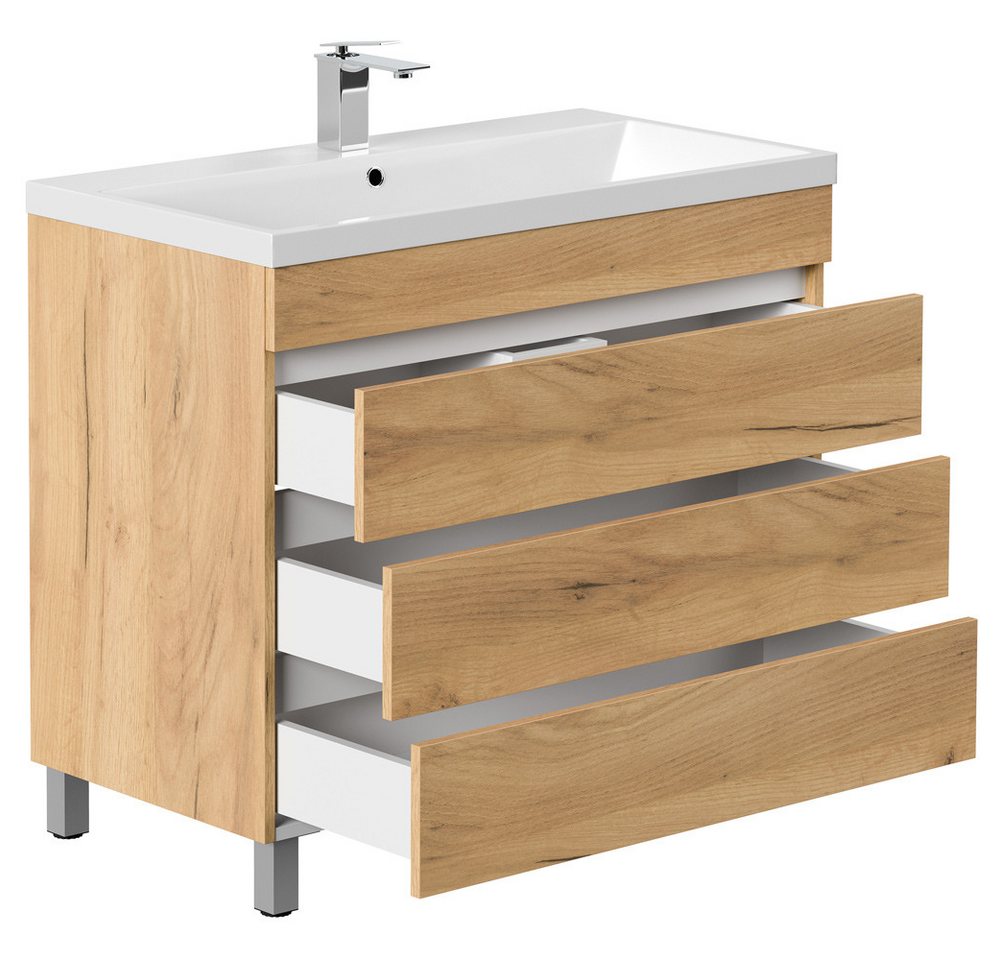 Lomadox Waschtisch FROME-02, 90 cm, stehend, Eiche, mit 3 Schubalden – Bild 5 von 5